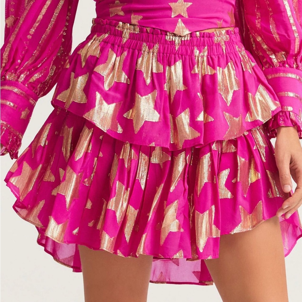 NWOT LOVESHACKFANCY Ruffle Tiered Mini Party Skirt Berry PINK Gold Foil Stars M